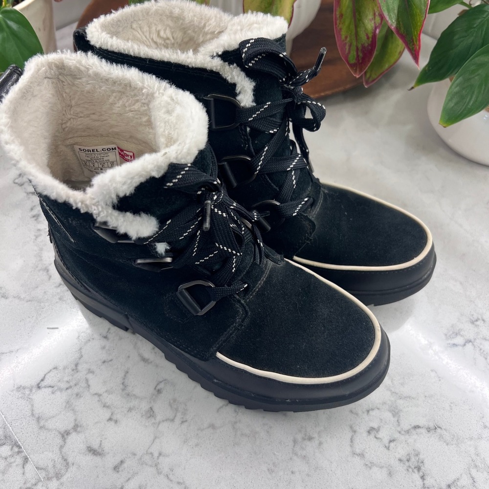 Sorel Explorer II Joan Waterproof Winter Boots Black Suede Faux Fur Womens 10 - Picture 3 of 9